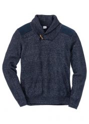 Sweter z cienkiej dzianiny z szalowym kołnierzem. Niebieskie swetry męskie bonprix, m, bez wzorów, z dzianiny, bez kołnierzyka, bez ramiączek. Za 114.99 zł.