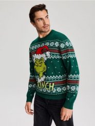Sweter świąteczny z bawełną Grinch - zielony. Zielone swetry męskie Sinsay, l, bez wzorów, z bawełny, wizytowe, bez kołnierzyka, bez ramiączek. Za 69.99 zł.