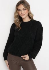 Czarny Sweter z Ozdobnym Splotem Pogaria. Czarne swetry nierozpinane damskie Born2be, m, bez wzorów, z jeansu, eleganckie, bez kołnierzyka, bez ramiączek. Za 74.99 zł.