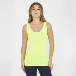 Top na siłownię damski RAITA żółty fluo. Żółte topy damskie Legea, bez wzorów, z materiału, sportowe, bez kołnierzyka, bez ramiączek. Za 39.00 zł.