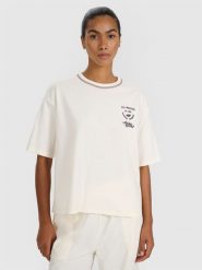 4F T-shirt oversize z nadrukiem damski - biały L. Białe koszulki sportowe damskie 4F, l, bez wzorów, z bawełny, bez ramiączek. W wyprzedaży za 49.99 zł.
