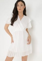 Biała Sukienka Alemiera. Białe sukienki damskie Born2be, na imprezę, bez wzorów, z materiału, bez kołnierzyka, bez ramiączek, mini, kopertowe. Za 79.99 zł.