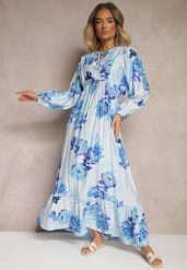 Niebieska Sukienka z Wiskozą o Rozkloszowanym Kroju w Kwiatowy Print Ridiorielle. Niebieskie sukienki damskie Renee, na co dzień, l, z aplikacjami, z jeansu, bez kołnierzyka, bez ramiączek, maxi, kopertowe. Za 129.99 zł.