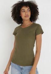 Ciemnozielony T-shirt Delolle. Zielone t-shirty damskie Born2be, l, bez wzorów, z bawełny, casualowe, bez kołnierzyka, bez ramiączek. Za 19.99 zł.