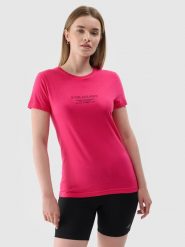 4F T-shirt slim z nadrukiem damski - różowy S. Czerwone t-shirty damskie 4F, s, bez wzorów, z dzianiny, klasyczne, bez kołnierzyka, bez ramiączek. W wyprzedaży za 29.99 zł.