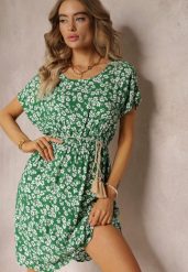 Zielona Wiskozowa Mini Sukienka w Kwiatowy Print z Gumką w Pasie Frolia. Zielone sukienki damskie Renee, l, bez wzorów, z wiskozy, bez kołnierzyka, bez ramiączek, mini. Za 39.99 zł.