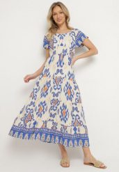 Niebieska Wiskozowa Sukienka z Geometrycznym Wzorem Cleanna. Niebieskie sukienki damskie Born2be, na co dzień, l, z aplikacjami, z wiskozy, eleganckie, bez kołnierzyka, bez ramiączek, maxi, proste. Za 54.99 zł.