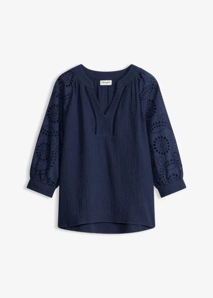 Tunika z przewiewnego muślinu. Niebieskie tuniki damskie bonprix, w ażurowe wzory, bez ramiączek. Za 137.99 zł.