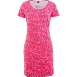 Sukienka shirtowa ze stretchem, krótki rękaw bonprix różowy hibiskus - biały w kropki. Czerwone sukienki damskie bonprix, bez wzorów, bez kołnierzyka, bez ramiączek, mini. Za 34.99 zł.