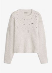Sweter z aplikacją i domieszką wełny. Szare swetry nierozpinane damskie bonprix, z aplikacjami, z wełny, bez kołnierzyka, bez ramiączek. Za 159.99 zł.