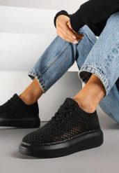 Czarne Sneakersy Typu Tenisówki z Ażurową Cholewką i Skórzaną Wkładką Sonelis. Czarne trampki i tenisówki damskie Renee, w ażurowe wzory, z jeansu, bez zapięcia. Za 89.99 zł.