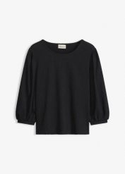 Bluzka T-shirtowa ze strukturalnej krepy. Czarne bluzki damskie bonprix, bez wzorów, bez kołnierzyka, bez ramiączek. Za 74.99 zł.