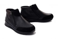 RIEKER N1452-00 black, botki damskie. Czarne botki damskie Rieker, na zimę, bez wzorów, bez obcasa, bez zapięcia. Za 369.90 zł.