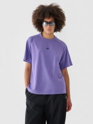 4F T-shirt oversize z nadrukiem damski - fioletowy L. Fioletowe t-shirty damskie 4F, l, bez wzorów, z bawełny, klasyczne, bez kołnierzyka, bez ramiączek. W wyprzedaży za 29.99 zł.