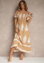 Ciemnobeżowa Sukienka Hiszpanka Ozdobiona Etnicznym Printem Aralette. Brązowe sukienki damskie Renee, na co dzień, l, bez wzorów, eleganckie, bez kołnierzyka, bez ramiączek, rozkloszowane. Za 59.99 zł.