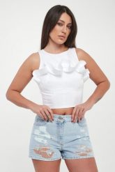 Top damski z falbaną ELISABETTA FRANCHI. Topy damskie Elisabetta Franchi, bez wzorów, bez kołnierzyka, bez ramiączek. Za 1,449.00 zł.