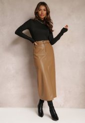 Beżowa Ołówkowa Spódnica Maxi z Ekoskóry i Paskiem Evell. Brązowe spódnice damskie Renee, s, z aplikacjami, eleganckie, z podwyższonym stanem, maxi, ołówkowe. Za 89.99 zł.