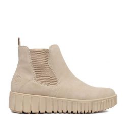 Botki Rieker. Brązowe botki damskie Rieker, bez wzorów, bez obcasa, na płaskiej podeszwie, bez zapięcia. Za 349.99 zł.