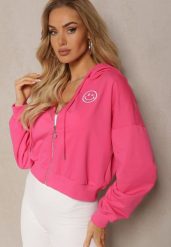 Fuksjowa Bluza Rozpinana z Wyszytą Emotką i Kapturem Cornoria. Czerwone bluzy damskie Renee, l, bez wzorów, z dzianiny, bez ramiączek. Za 59.99 zł.