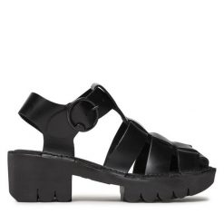 Sandały Fly London. Czarne sandały damskie Fly London, bez wzorów, bez obcasa, na słupku, bez zapięcia. Za 349.99 zł.
