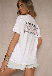 Biało-Różowy T-shirt z Bawełny Ozdobiony Nadrukiem Adneria. Białe t-shirty damskie Renee, l, bez wzorów, z bawełny, bez kołnierzyka, bez ramiączek. Za 44.99 zł.