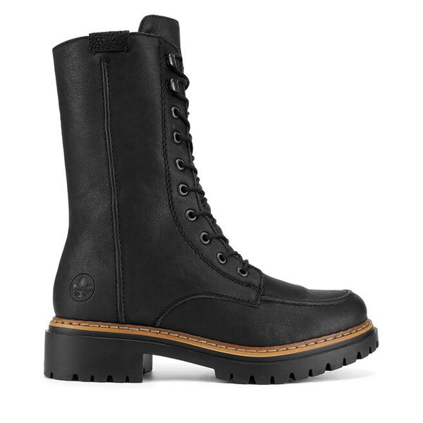 Trzewiki Rieker. Czarne botki damskie Rieker, bez wzorów, bez obcasa, na płaskiej podeszwie, bez zapięcia. Za 279.99 zł.