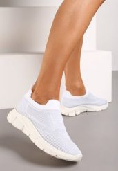 Białe Buty Sportowe Wsuwane ze Skarpetkową Cholewką Tiamelina. Białe obuwie sportowe damskie Born2be, bez wzorów, bez zapięcia. Za 54.99 zł.