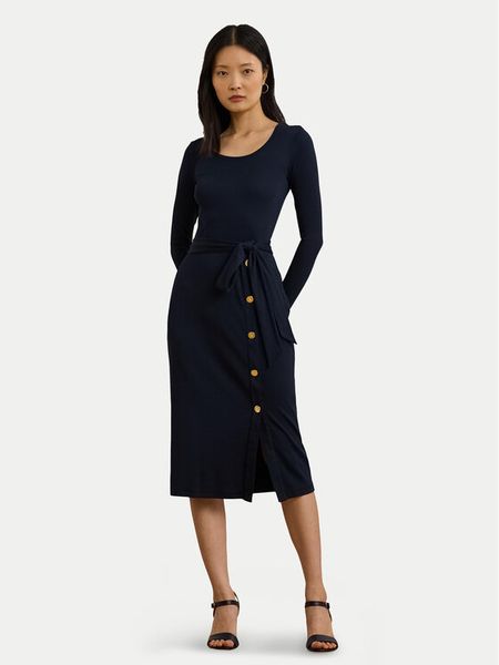 LAUREN RALPH LAUREN Sukienka dzianinowa 250889290005 Granatowy Slim Fit. Niebieskie sukienki damskie Lauren Ralph Lauren, bez wzorów, z bawełny, bez kołnierzyka, bez ramiączek. Za 829.99 zł.