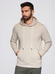 Męska bluza dresowa BASIC kangurka z kapturem - jasnobeżowa V1 B1674 S. Brązowe bluzy męskie Ombre, m, bez wzorów, z dresówki, bez ramiączek, z kapturem. Za 236.00 zł.