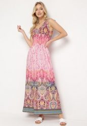 Jasnoróżowa Sukienka Boho na Lato ze Sznurkami na Ramionach i Gumką w Talii Aharleta. Czerwone sukienki damskie Born2be, na lato, s, bez wzorów, boho, bez kołnierzyka, bez ramiączek, maxi. Za 34.99 zł.