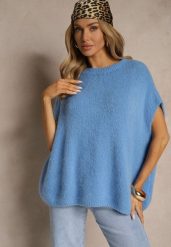 Niebieski Sweter z Bawełną w Stylu Nietoperza Nilariella. Niebieskie swetry nierozpinane damskie Renee, bez wzorów, z bawełny, biznesowe, bez kołnierzyka, bez ramiączek. Za 139.99 zł.