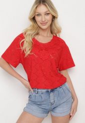 Czerwony Klasyczny Ażurowy T-shirt z Krótkim Rękawem Ninnia. Czerwone t-shirty damskie Born2be, xl, w ażurowe wzory, z jeansu, biznesowe, bez kołnierzyka, bez ramiączek. Za 39.99 zł.