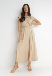 Beżowa Sukienka Kopertowa Chloriera. Brązowe sukienki damskie Born2be, na imprezę, l, bez wzorów, z tkaniny, eleganckie, bez kołnierzyka, bez ramiączek, maxi, kopertowe. Za 139.99 zł.