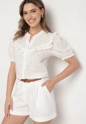 Biała Koszula z Wiskozą z Haftowanej Tkaniny Ozdobiona Falbanką Rindelia. Białe koszule damskie Born2be, l, bez wzorów, z jeansu, eleganckie, bez kołnierzyka, bez ramiączek. Za 99.99 zł.
