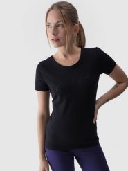 4F T-shirt slim z nadrukiem damski - czarny M. Czarne t-shirty damskie 4F, m, bez wzorów, z bawełny, klasyczne, bez kołnierzyka, bez ramiączek. Za 49.99 zł.