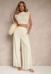 Beżowe Bawełniane Haftowane Spodnie High Waist o Szerokim Kroju Milirelia. Brązowe spodnie materiałowe damskie Renee, z aplikacjami, z bawełny, z podwyższonym stanem. Za 89.99 zł.
