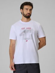 4F T-shirt regular z nadrukiem męski - biały L. Białe koszulki sportowe męskie 4F, l, bez wzorów, z materiału, bez kołnierzyka, bez ramiączek. Za 69.99 zł.