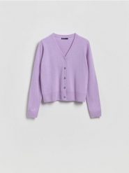 Wełniany kardigan - fioletowy. Fioletowe kardigany damskie Reserved, l, bez wzorów, z wełny, bez kołnierzyka. Za 179.99 zł.