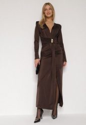 Brązowa Elegancka Sukienka z Trenem i Rozcięciem Atissa. Brązowe sukienki damskie Born2be, na imprezę, m, z aplikacjami, eleganckie, bez kołnierzyka, bez ramiączek, maxi, dopasowane. Za 149.99 zł.