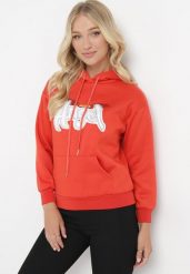 Pomarańczowa Bluza Ocieplona z Kapturem i Nadrukiem Wesa. Brązowe bluzy damskie Born2be, l, bez wzorów, z jeansu, casualowe, bez ramiączek, z kapturem. Za 84.99 zł.