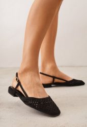 Czarne Sandały Slingback z Kwadratowym Noskiem i Ażurową Cholewką Jurria. Czarne balerinki damskie Renee, w ażurowe wzory, z jeansu, bez obcasa, bez zapięcia. Za 89.99 zł.