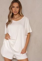 Biały T-shirt z Wiskozą w Stylu Nietoperza Liofala. Białe t-shirty damskie Renee, bez wzorów, z jeansu, eleganckie, bez kołnierzyka, bez ramiączek. Za 49.99 zł.