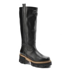 Czarne Kozaki Karino Ocieplane Buty Damskie. Czarne kozaki damskie Karino, na jesień, bez wzorów, ze skóry, bez obcasa, bez zapięcia. Za 369.00 zł.