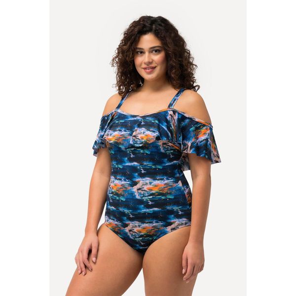 Damski Strój kąpielowy falbana miękkie miseczki ramiączka z regulacją. Niebieskie stroje kąpielowe damskie Ulla Popken, plus size, bez wzorów, z elastanu. Za 294.99 zł.