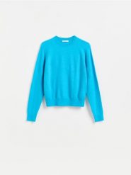 Gładki sweter - niebieski. Niebieskie swetry nierozpinane damskie Reserved, l, bez wzorów, z dzianiny, bez kołnierzyka, bez ramiączek. Za 119.99 zł.