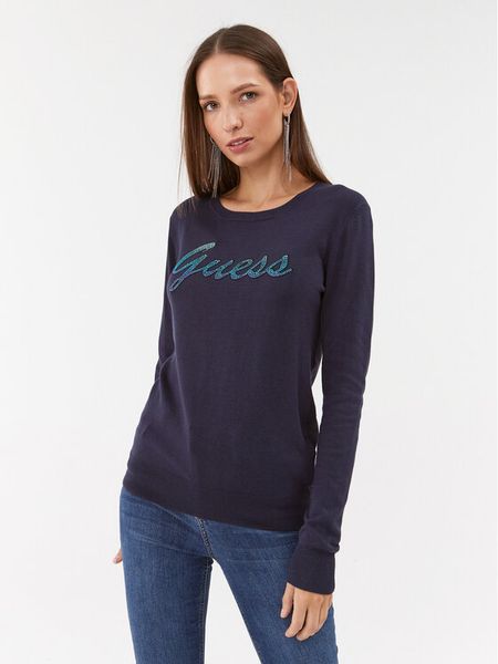 Guess Sweter W3BR22 Z2NQ2 Granatowy Slim Fit. Niebieskie swetry nierozpinane damskie Guess, xs, z aplikacjami, z wiskozy, bez kołnierzyka, bez ramiączek. Za 209.99 zł.