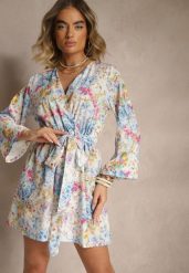 Jasnoniebieski Kopertowy Kombinezon z Wiązanym Paskiem i Rozszerzanymi Rękawami Telurea. Niebieskie sukienki damskie Renee, na co dzień, bez wzorów, eleganckie, bez kołnierzyka, bez ramiączek, kopertowe. Za 89.99 zł.