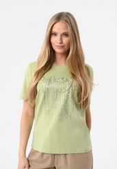 T-shirt z błyszczącym nadrukiem T-SEAR. Białe t-shirty damskie Volcano, m, bez wzorów, z bawełny, klasyczne, bez kołnierzyka, bez ramiączek. Za 59.99 zł.