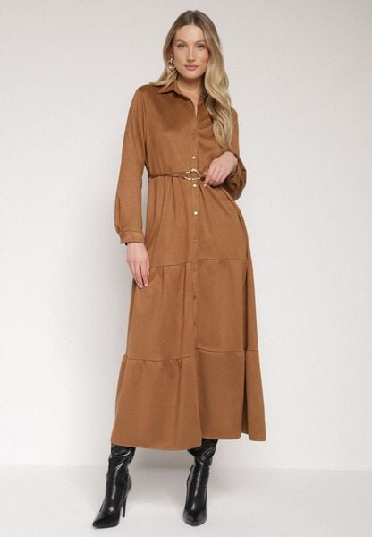 Brązowa Wiskozowa Koszulowa Sukienka o Rozkloszowanym Kroju z Paskiem Retirna. Brązowe sukienki damskie Born2be, l, bez wzorów, z jeansu, klasyczne, bez kołnierzyka, bez ramiączek, koszulowe. Za 149.99 zł.