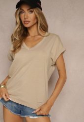 Beżowy Bawełniany T-shirt z Dekoltem w Serek Lireave. Brązowe t-shirty damskie Renee, s, bez wzorów, z bawełny, bez kołnierzyka, bez ramiączek. Za 44.99 zł.